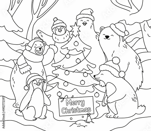 christmas, happy christmas, christmas coloring book, cute animal christmas coloring page, kids coloring, coloring page, coloring, cartoon, illustration, coloring book, vector, animal, drawing, sketch,