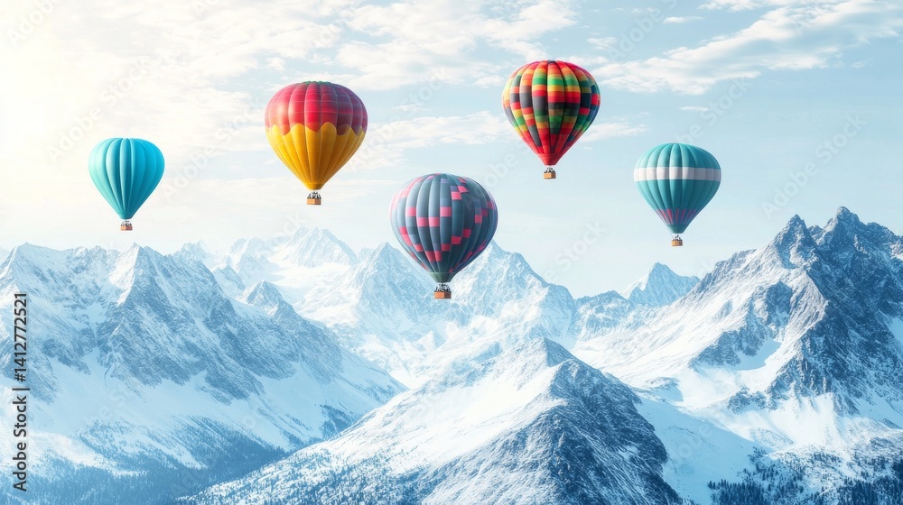 Fototapeta premium A vibrant hot air balloon floats above snow-covered mountains in a minimalist design