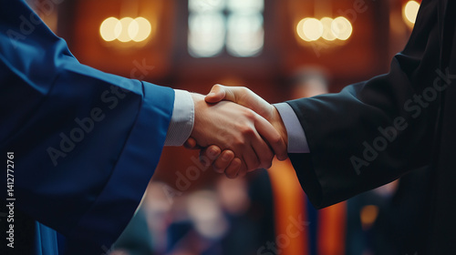 Handshake in Academic Robes Celebrating Achievement

