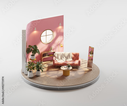 Isometric view round pink living room cozy style open inside interior architecture 3d rendering	
