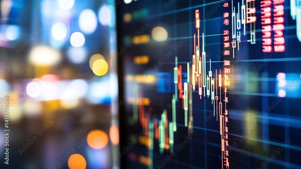 Close Up of a Financial Data Screen Showing Stock Market Trends and Charts : Generative AI