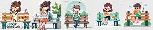 vector set of kids eating hamburger on a park bench