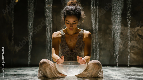 Woman playing on Tibetan singing bowl in authentic light. Sound therapy and recreation  at spa salon. Meditation singing as healthy lifestyle