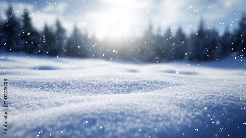 Snowy Winter Landscape with Soft Sunlight and Falling Snowflakes : Generative AI