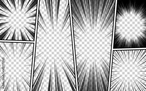 Comic book page template with frame divided by lines with radial effect, halftone, pop art style. Vector illustration