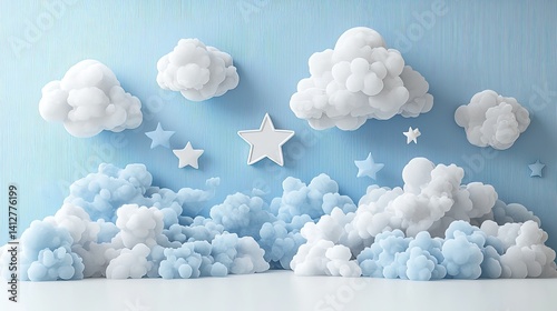 Soft Blue and White Background Featuring Whimsical Clouds and Shining Stars for Peaceful Decor