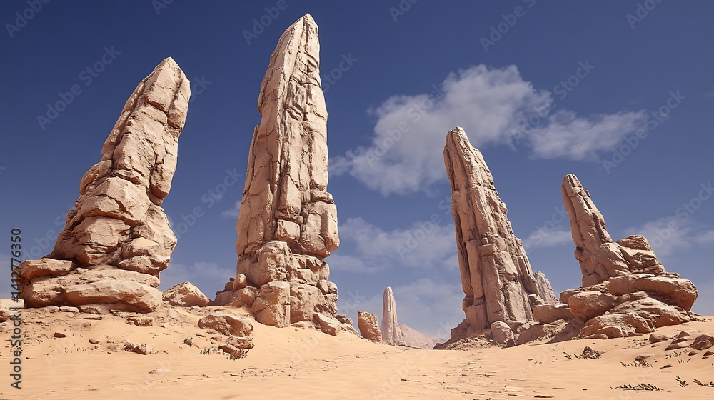 Fototapeta premium A desert landscape featuring towering rock formations under a clear blue sky.