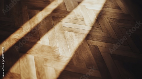 Sunlit parquet flooring creating dramatic light and shadow effect