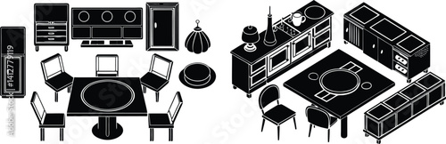 Top View Kitchen & Dining Room Furniture Set – Vector Icons for Interior Design