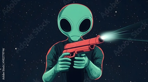 Cartoon Green Alien Extraterrestrial Warrior Holding Futuristic Ray Gun in Outer Space