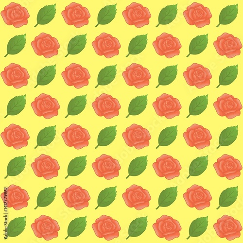 Green leaves, Red rose pattern background, plaid pattern, suitable for use as wallpaper, backdrop, postcard, back