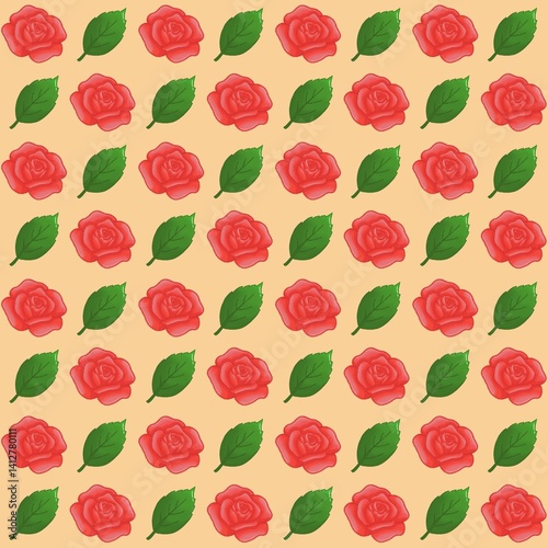 Green leaves, Red rose pattern background, plaid pattern, suitable for use as wallpaper, backdrop, postcard, back