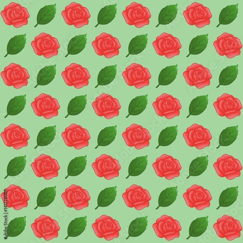 Green leaves, Red rose pattern background, plaid pattern, suitable for use as wallpaper, backdrop, postcard, back