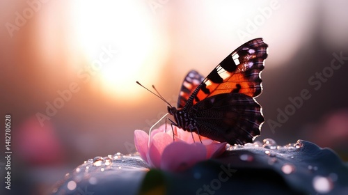 Close-up of a vibrant butterfly perched on a delicate pink flower, with soft, blurred background illuminated by a warm, golden light creating a serene and enchanting natural scene