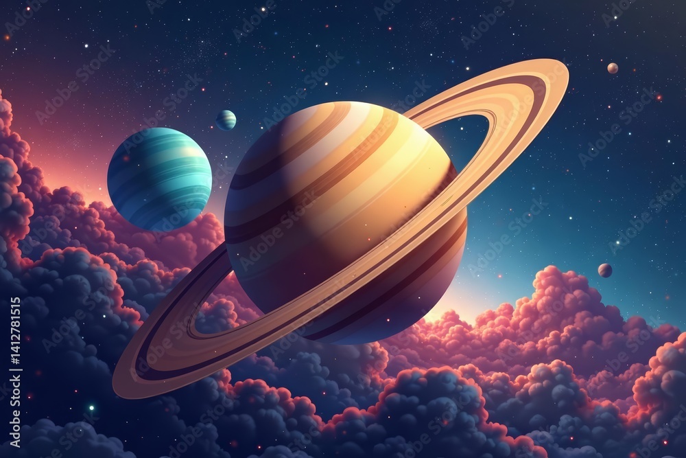 Naklejka premium Illustration of Saturn's iconic rings in outer space with stars and planets, science, saturn, astronomy
