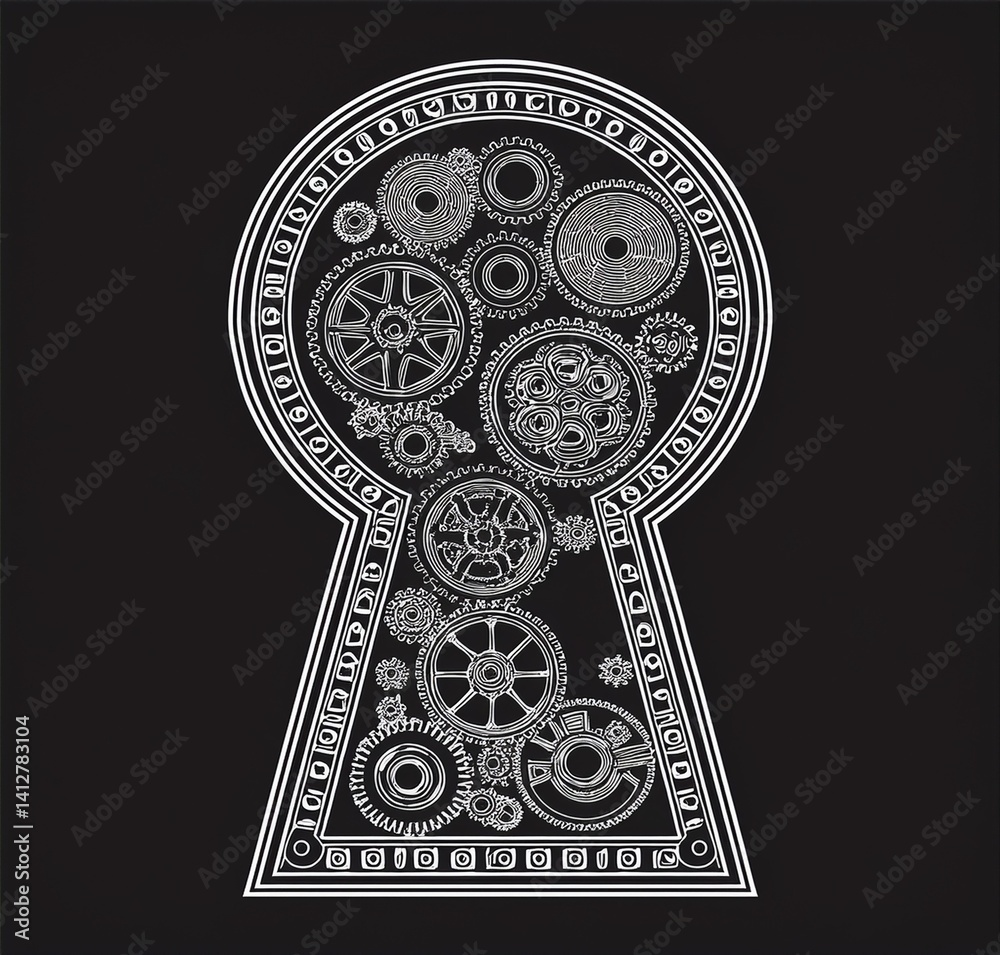 Intricate Keyhole Design Filled with Detailed Mechanical Gears and Cogs