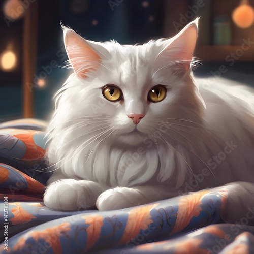 Serene Whiskers: A Majestic White Cat in Cozy Comfort
