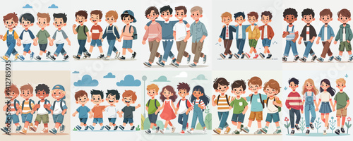 vector set of group of children walking