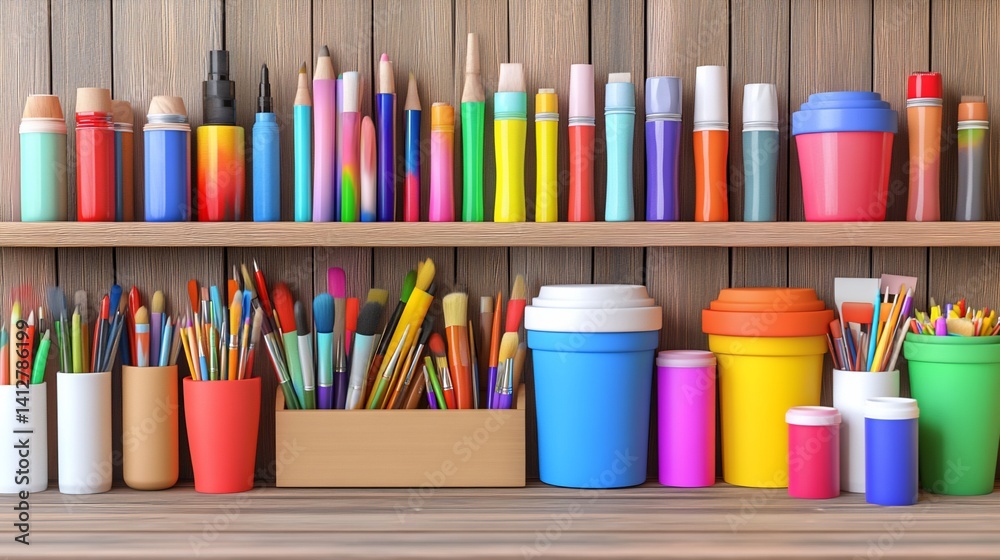 Fototapeta premium Vibrant Artist's Supply Shelf: A Colorful Array of Creativity