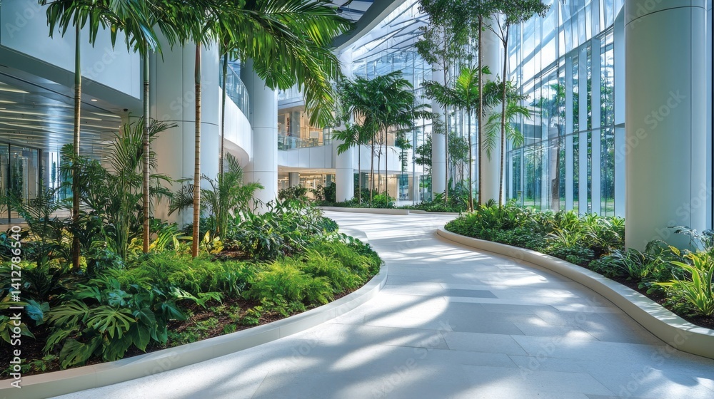 Naklejka premium Modern Building Interior with Lush Greenery and Sunlight