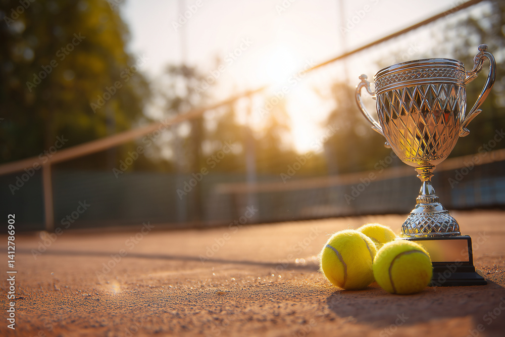 Fototapeta premium Bright tennis balls beside gleaming trophy