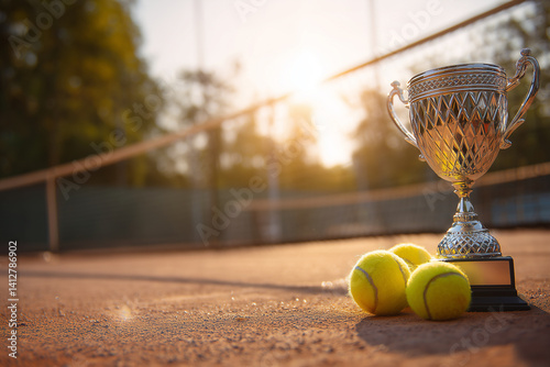 Bright tennis balls beside gleaming trophy