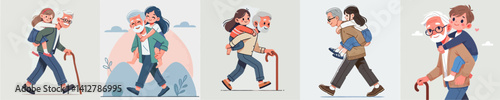 vector set of grandfather carrying his child on his back