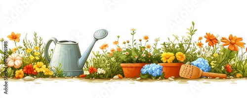 Colorful flowers in pots are depicted in a pixel art gardening illustration, complete with a watering can and shovel
