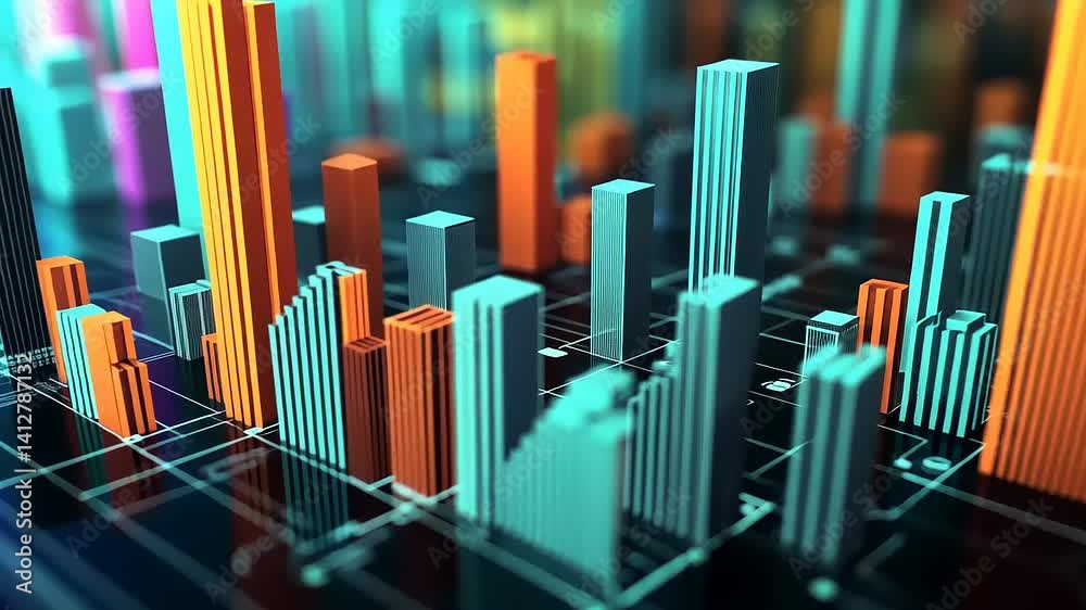 Colorful 3D city skyline with abstract data visualization elements and vibrant lighting effects Colorful 3D city skyline with abstract data visualization elements and vibrant lighting effects
