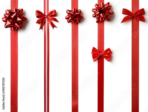 Assortment of Straight Red Ribbons in Multiple Sizes – Ideal for Decoration or Design Projects, red bow on white background