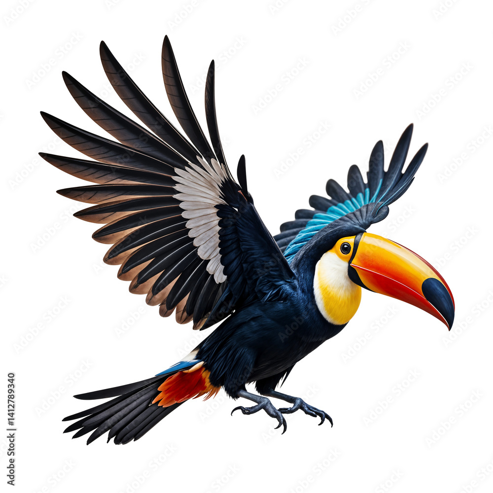 Obraz premium toco toucan in flight in various positions rainforest clown wildlife photorealistic illustrations png transparent background cutout isolated