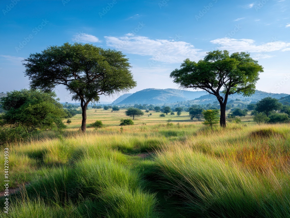 Serene Savanna Landscape with Gentle Light and Wide Fields Serene Savanna Landscape with Gentle Light and Wide Fields