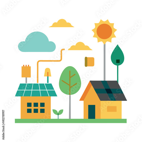 Vector art of eco-friendly buildings, passive houses,