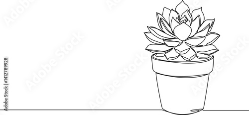 continuous single line drawing of potted succulent plant, line art vector illustration