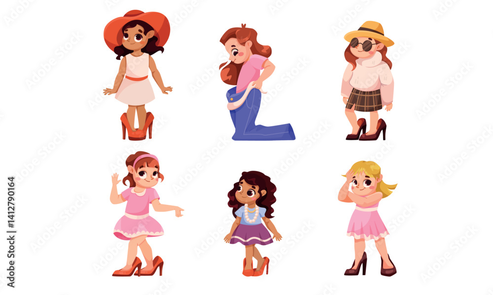 Children Dress Up as Adults Wearing Oversized Clothes Vector Set Children Dress Up as Adults Wearing Oversized Clothes Vector Set