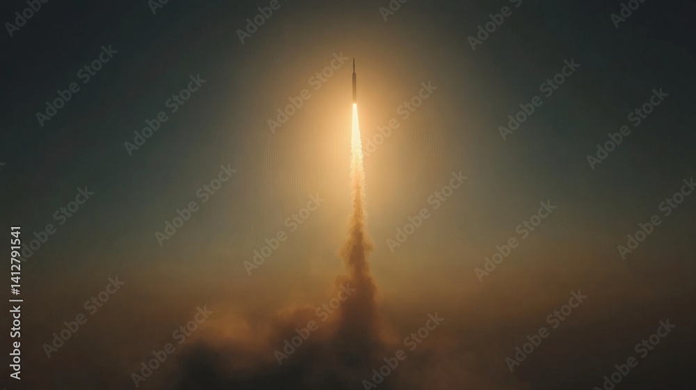 Fototapeta premium Rocket launch at dawn, fiery trail against dark sky. Space exploration image