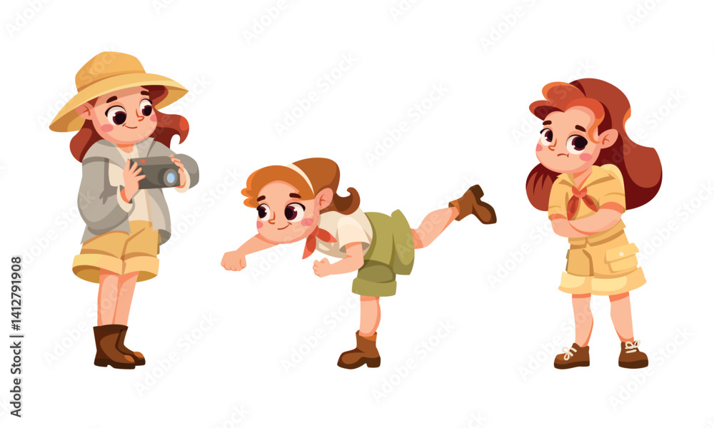 Fototapeta premium Cute Children Wear Safari Costume and Hat Vector Set