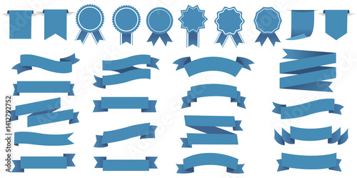 Blue Ribbons Set And Isolated White Background