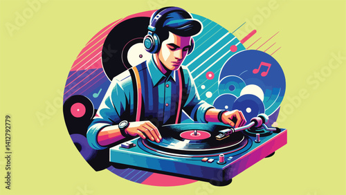 illustration of a DJ wearing a headset and playing a turntable, in a pop style