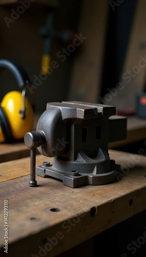 Rustic cast iron vice clamped to workbench, yellow earmuffs nearby, old, traditional