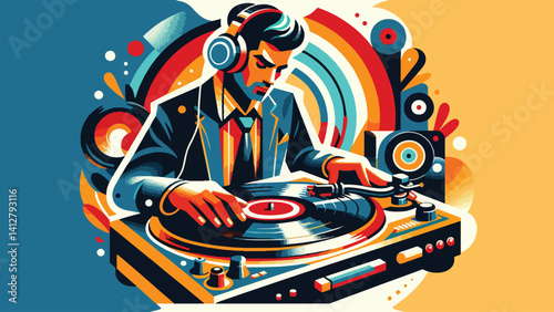 illustration of a DJ wearing a headset and playing a turntable, in a pop style