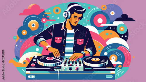 illustration of a DJ wearing a headset and playing a turntable, in a pop style