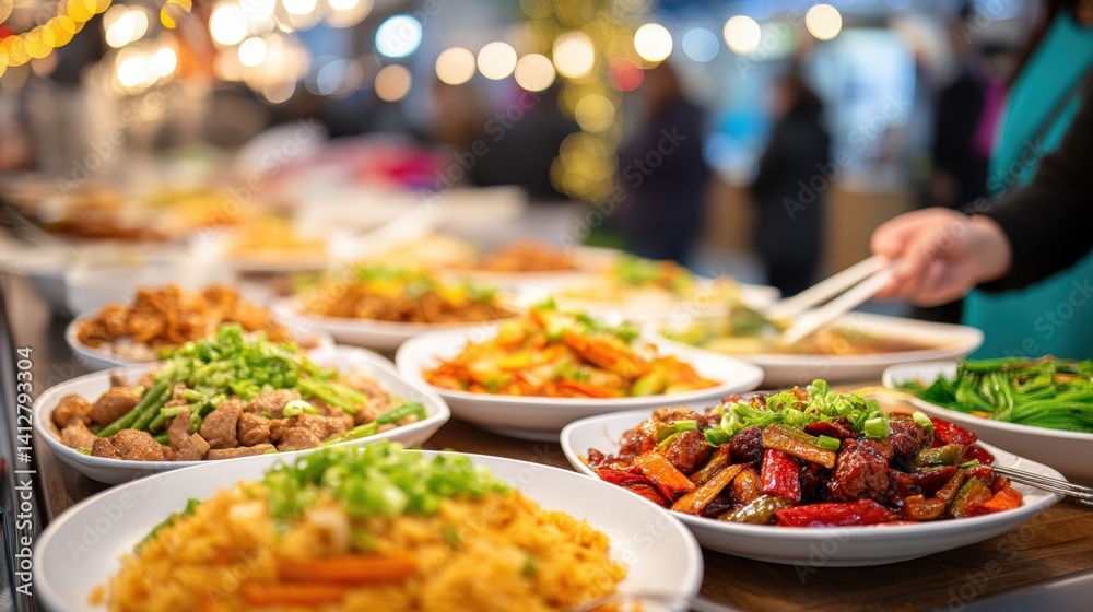 Obraz premium A vibrant display of various dishes at a food market, showcasing colorful ingredients and tantalizing flavors in a bustling atmosphere.