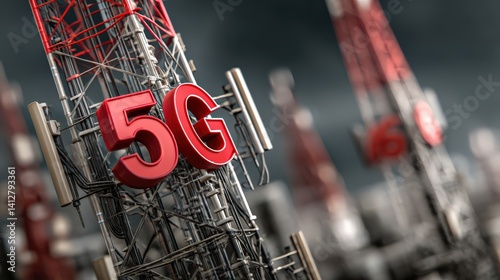 Realistic depiction of red and white objects representing competition in 5g network technology development