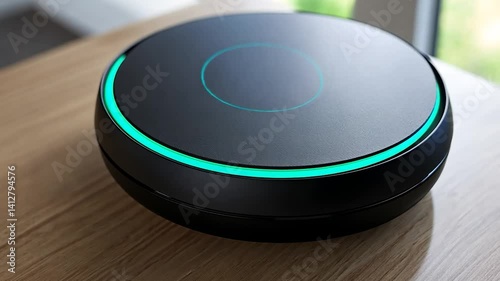 Modern smart speaker on wooden table