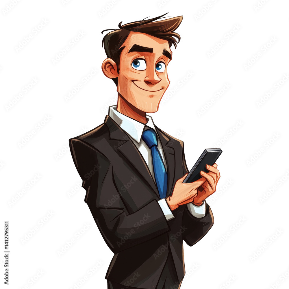Cartoon businessman using phone with positive expression and stylish look Cartoon businessman using phone with positive expression and stylish look