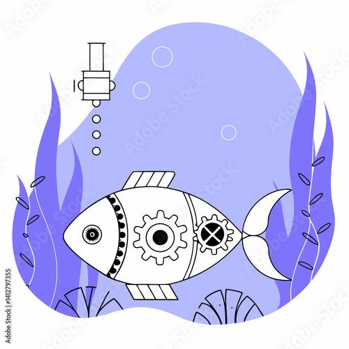Steampunk mechanical fish in a futuristic underwater world