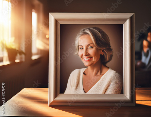 Soft, warm light falls on a framed photograph of a mother's smiling face, evoking cherished memories and the warmth of maternal love.