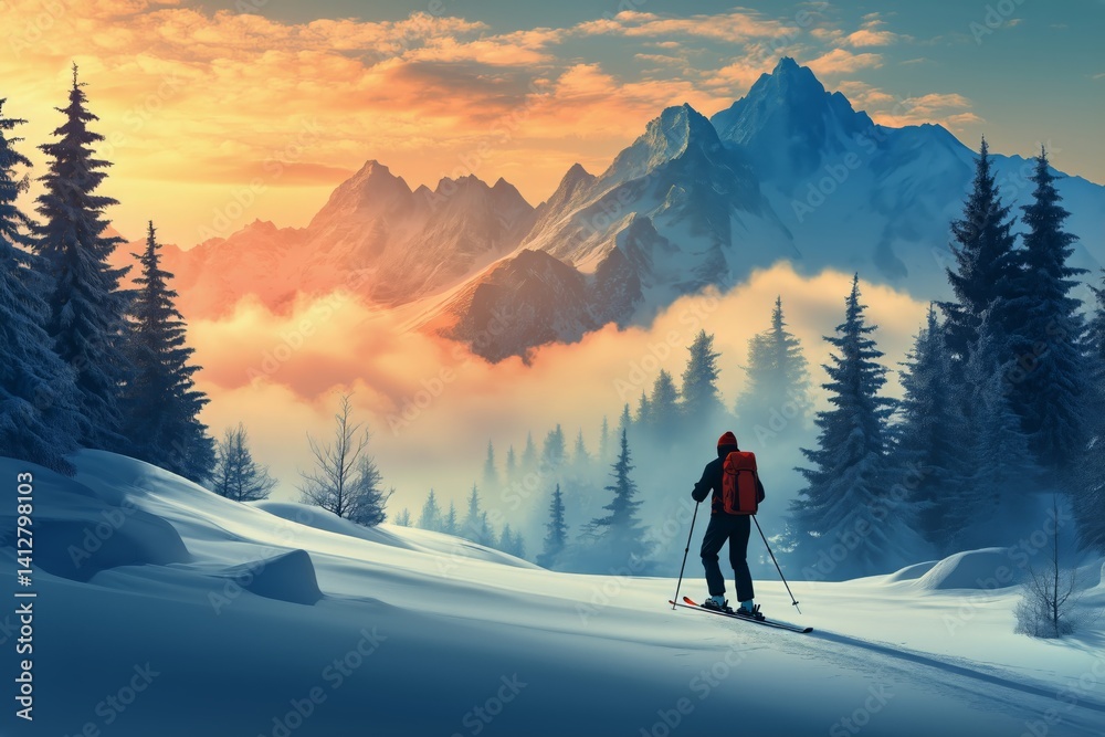 Skiing Adventure in Snowy Mountains During Winter Under a Clear Sky