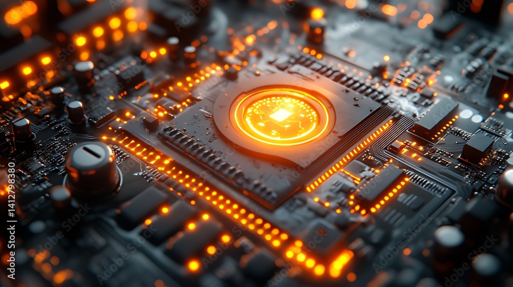Fototapeta premium Glowing CPU, circuit board, technology, data center, computing, processing, future